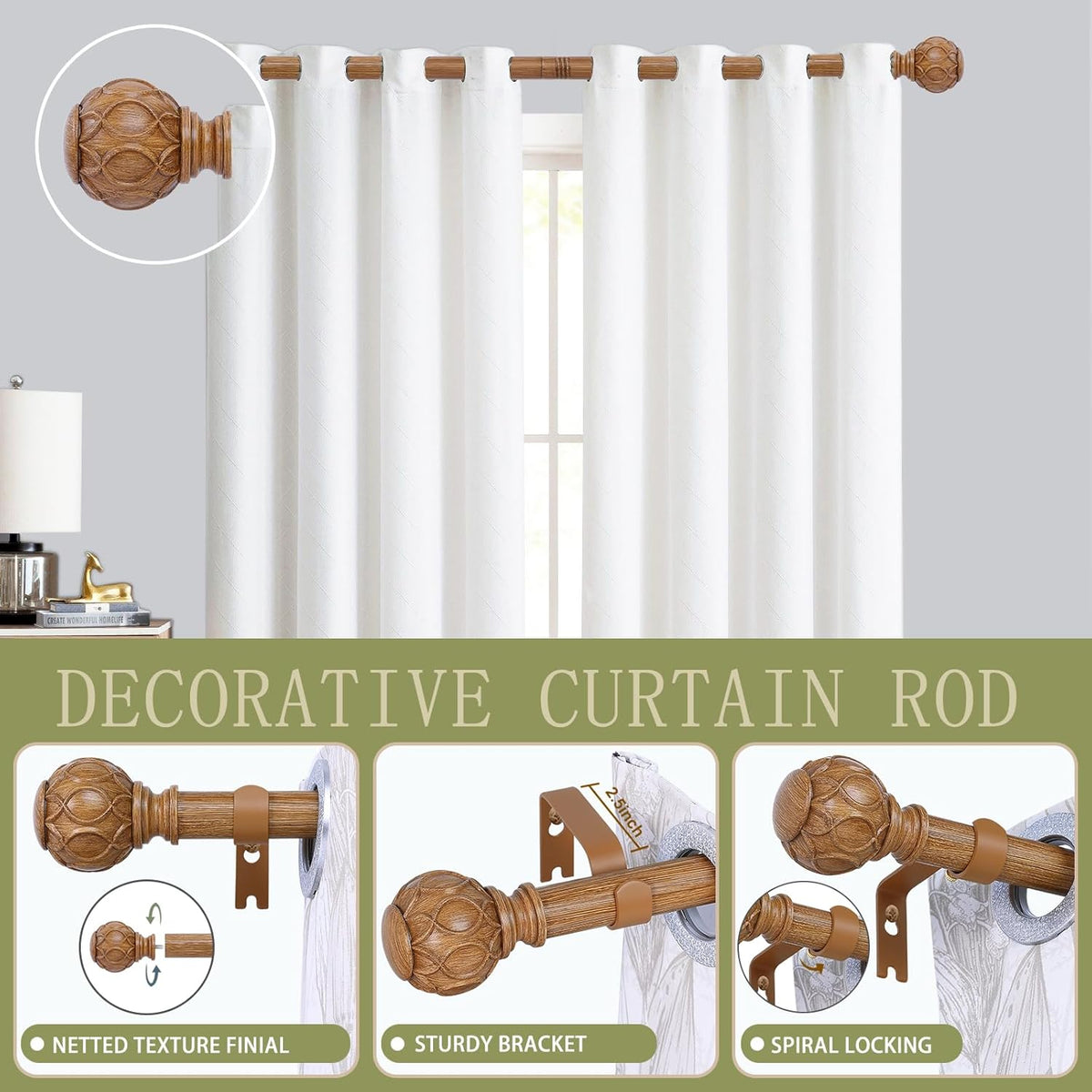 Wood Boho Curtain Rods for Windows:36-88Inch Wooden Farmhouse Curtain Rod for Bedroom Living Room,Heavy Duty Adjustable Rustic Decorative Drapery Rods with Vintage Imitation Wood Finial,Brown