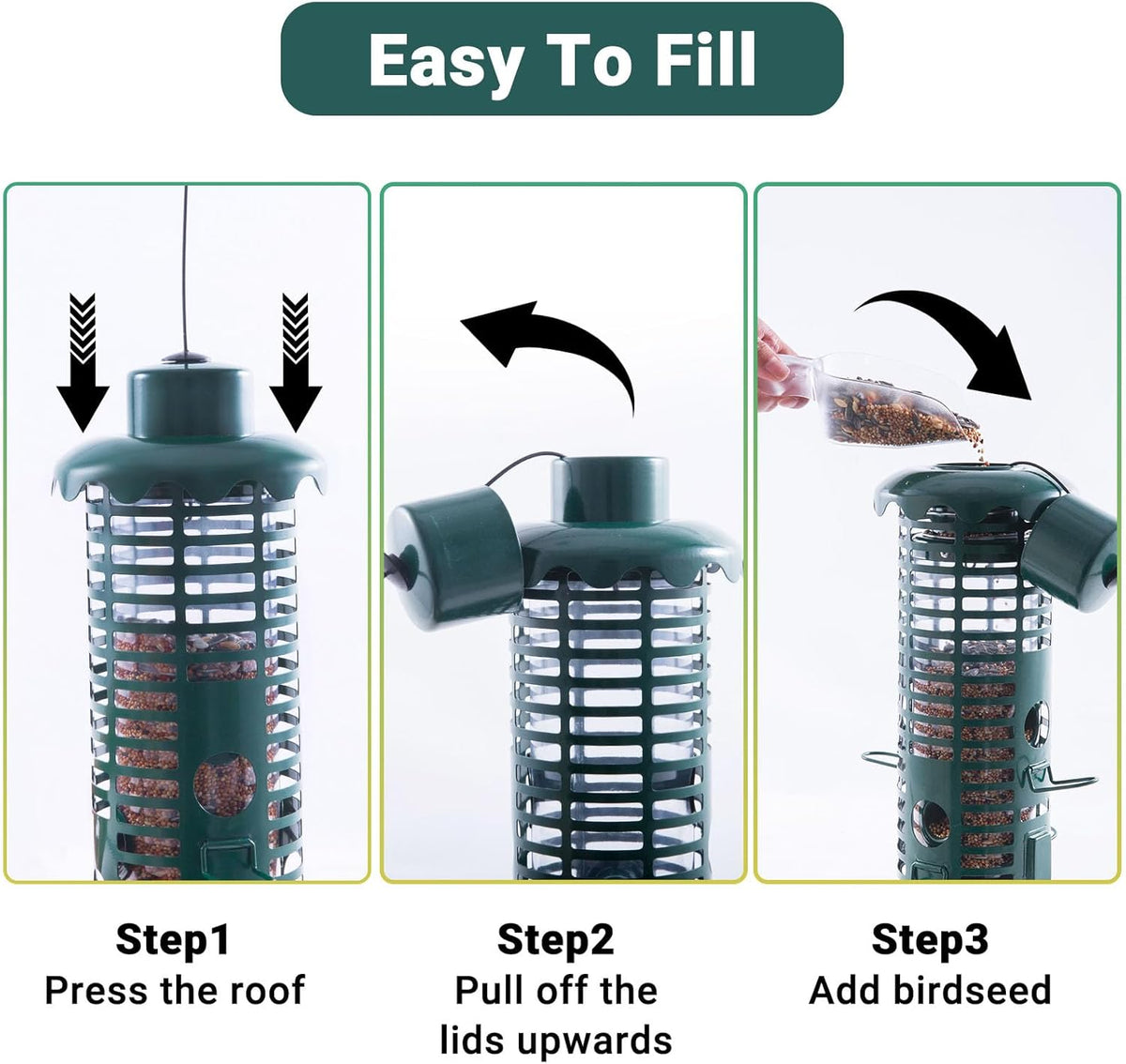 Squirrel Proof Bird Feeder Metal Mesh for Outdoors Hanging,Weight Activated Weatherproof Wild Bird Feeders with Finch Cardinal Chickadee,Large Capacity(Green)