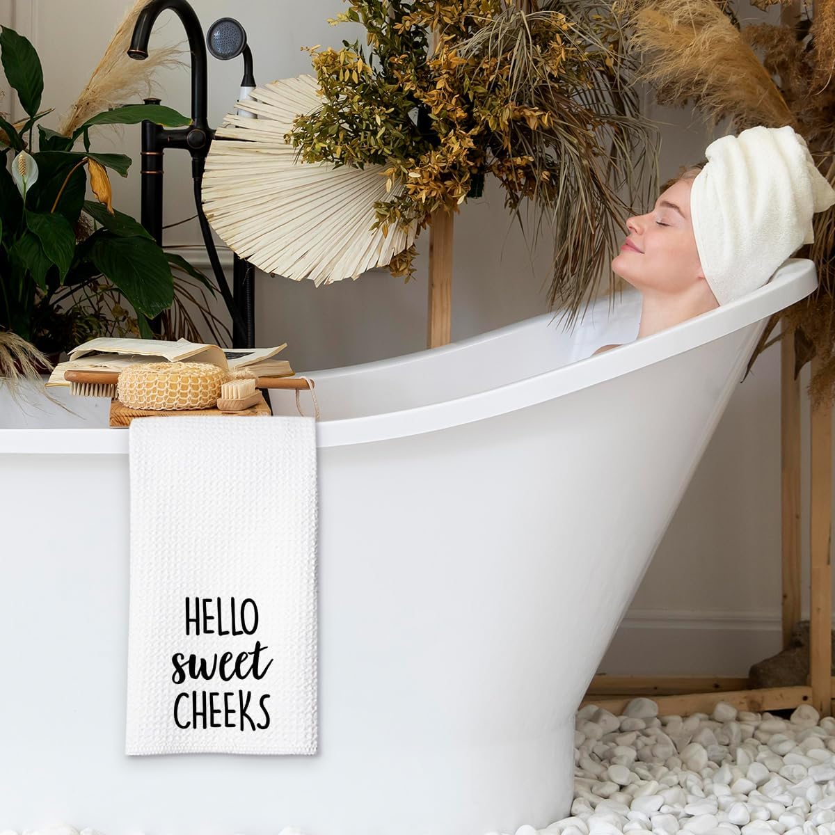 Hello Sweet Cheeks Hand Towel, Waffle Weave Microfiber Bathroom Towel, Funny Rustic Farmhouse Decor, Cute Guest Bathroom Accent