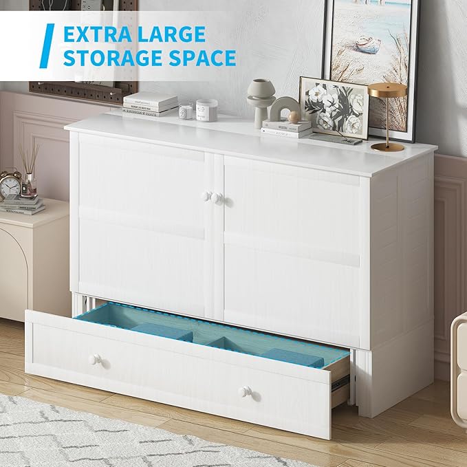 Mjkone Murphy Bed Queen Cabinet Bed with Tri-fold Mattress and Built-in USB Charging & 2 Drawers & Bedside Panel, Hidden Guest Beds, Murphy Cube Chest Cabinet Beds for Bedroom/Apartment - White