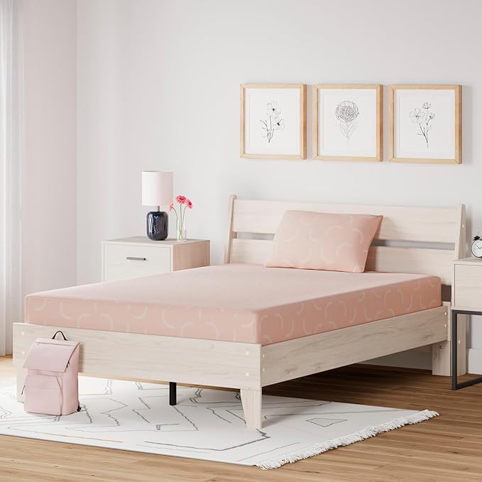Signature Design by Ashley Full Size iKidz 7 Inch Firm Gel Memory Foam Mattress with Stretch Knit Cover & Pillow Included, Pink Coral, Fiberglass Free, Mattress in A Box