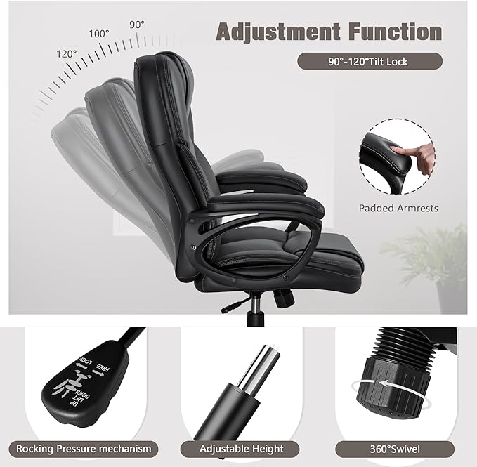 JUMMICO Executive Office Chair High Back Managerial Home Desk Chair, Adjustable Swivel Computer PU Leather Chair with Lumbar Support (Black)