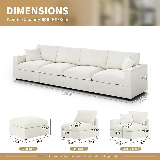 Modern Sectional Linen Couch for Living Room,4 Seat Modular Cloud Sofas,Detachable Couch Cushion Covers,Cozy Feather Down Sofa for Apartment Cream White