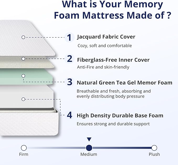 Twin XL Mattress 12 Inch Green Tea Memory Foam Mattress for Cool Sleep & Pressure Relief, Medium Feel Support,Fiberglass Free, Bed in a Box, Removable Washable Cover, CertiPUR-US Certified