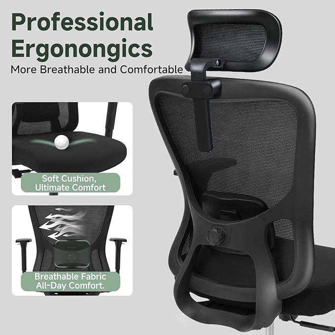 Ergonomic Office Chair - 350LB Mesh Office Chair with Adjustable Lumbar, High Back Computer Desk Chair with 3D Armrests, Comfy Chair with 2D Headrest & Tilt Function for Study, Work, Gaming