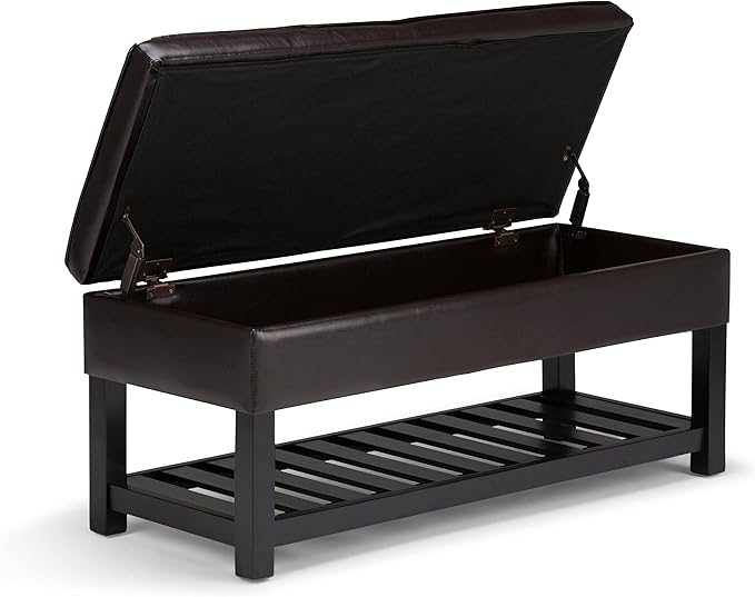 SIMPLIHOME Cosmopolitan Storage Ottoman Bench - 44 inch Wide Upholstered Vegan Leather Rectangle Storage Ottoman in Tanners Brown, Transitional Bench for Bedroom with Tufted Lift-Top and Open Shelf