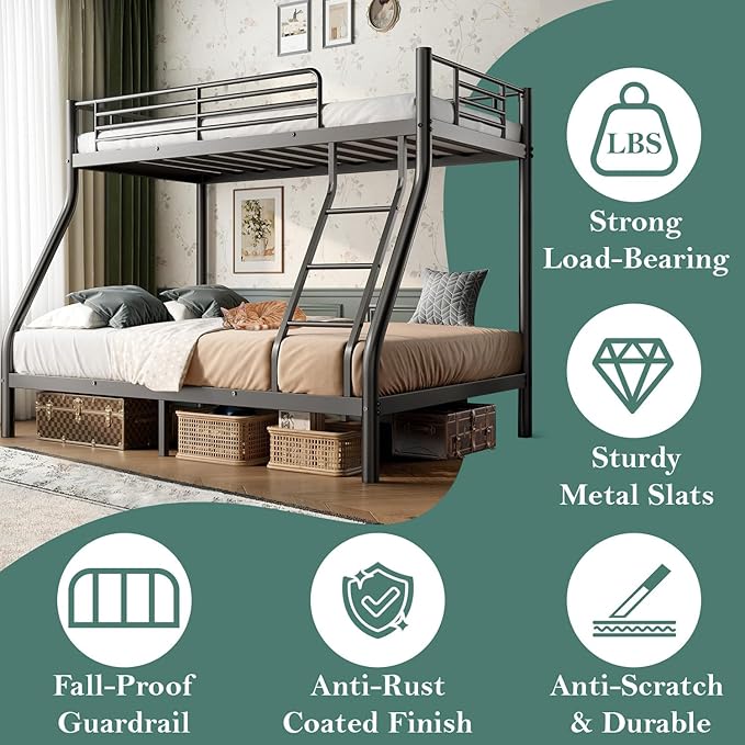 Bunk Beds Twin Over Full Size, Heavy Duty Bunk Beds with Bottom Space & Guardrail Metal Bunk Bed Frame for Adults Dorm Bedroom Guest Room, No Box Spring Needed（Upgrate Black）