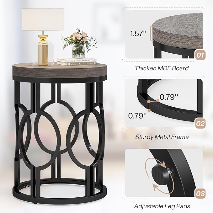 Tribesigns Round End Table, Industrial Side Table with Metal Hollow Frame, Small Bedside Table Nightstand for Living Room, Bedroom, Easy Assembly (Grey,1PC)