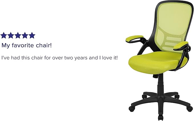 Flash Furniture Porter Mesh High Back Ergonomic Swivel Office Chair with Lumbar Support, Flip-Up Arms, Tilt Lock/Tilt Tension, Height Adjustable, Black/Green Frame
