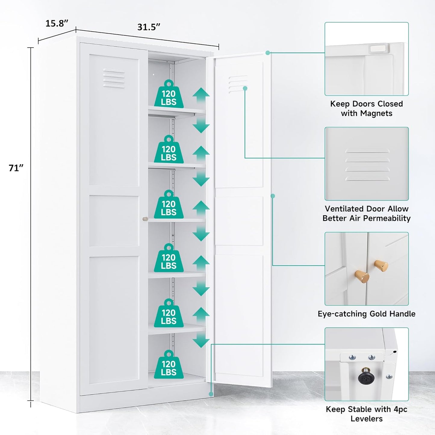 SISESOL White Metal Storage Cabinet,71" Tall Pantry Cabinet,Kitchen Pantry Storage Cabinets with 2 Doors and 6 Shelves,Wide Deep Food Cupboard for Home,Kitchen,Dining/Living Room