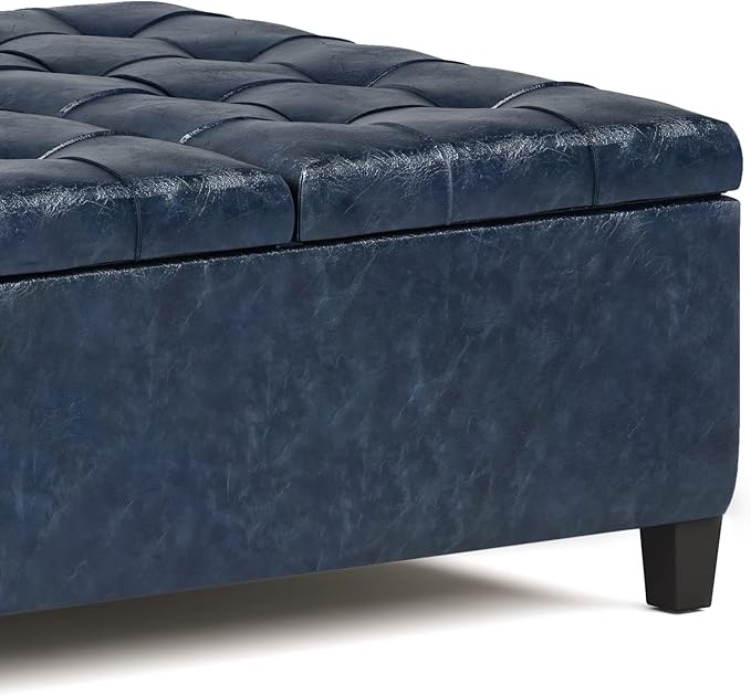 SIMPLIHOME Harrison 36 inch Wide Transitional Square Coffee Table Storage Ottoman in Denim Blue Vegan Faux Leather, Assembled, For the Living Room and Bedroom