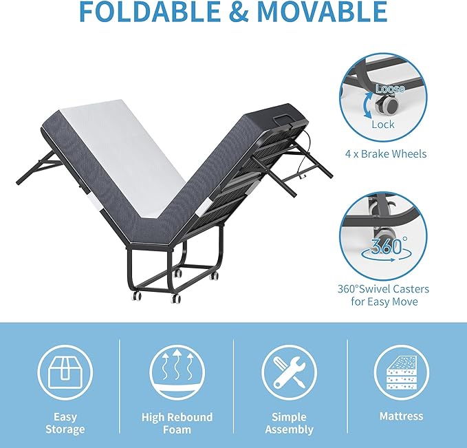 Folding Bed with Mattress for Adults, 75" x 38" Foldable Bed, Twin Size Metal Bed Frame with Wheels, Portable Rollaway Bed for Guest, Travel