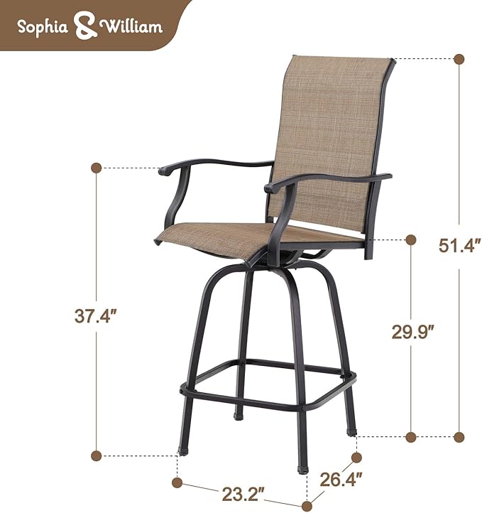 Sophia & William Swivel Bar Stools Set of 2, Bar Height Chairs, Outdoor Bar Chairs, High Top Patio Chairs, Supports 300 lbs (Brown Fabric)