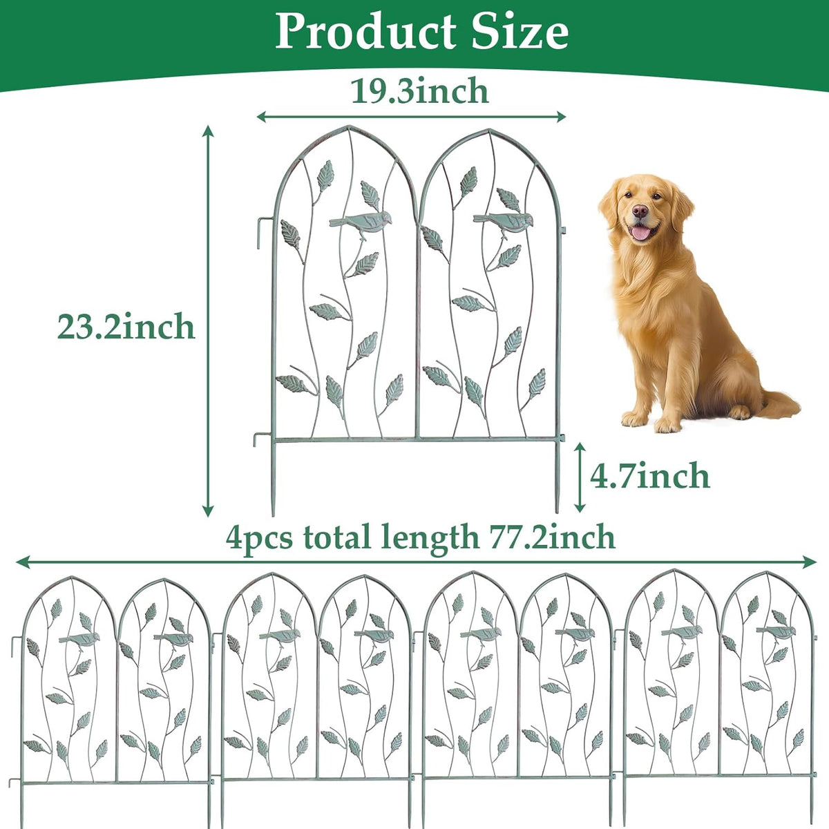 Decorative Garden Fence 4 Pack, 24in(H) x 6.5Ft(L), Metal Garden Fencing Panel, Landscape Pathway Edge Iron Picket Fence Panels, Border for Yard Patio Flower Bed