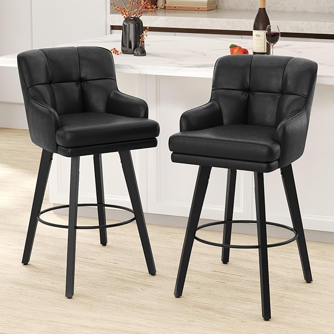 360°Swivel Counter Height Bar Stools with Back, 30 inch Solid Wood Legs, Bar Stool Modern Kitchen Island Chairs, Faux Leather (Black- Faux Leather, 30" H- Set of 2)