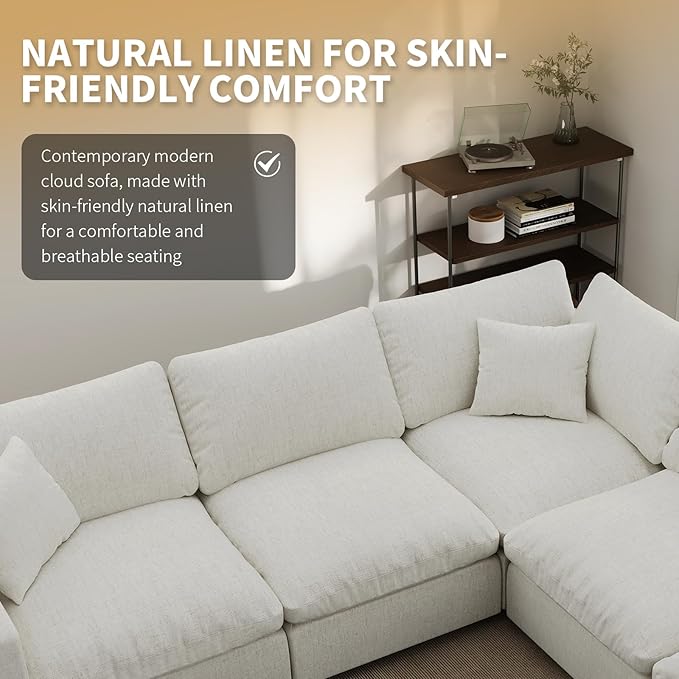 Modern Sectional Linen Couch for Living Room L-Shape Sofas,5 Seat Modular Cloud Sofas,Couches Cushion Covers Removable,Cozy Feather Down Sofa for Apartment Cream White