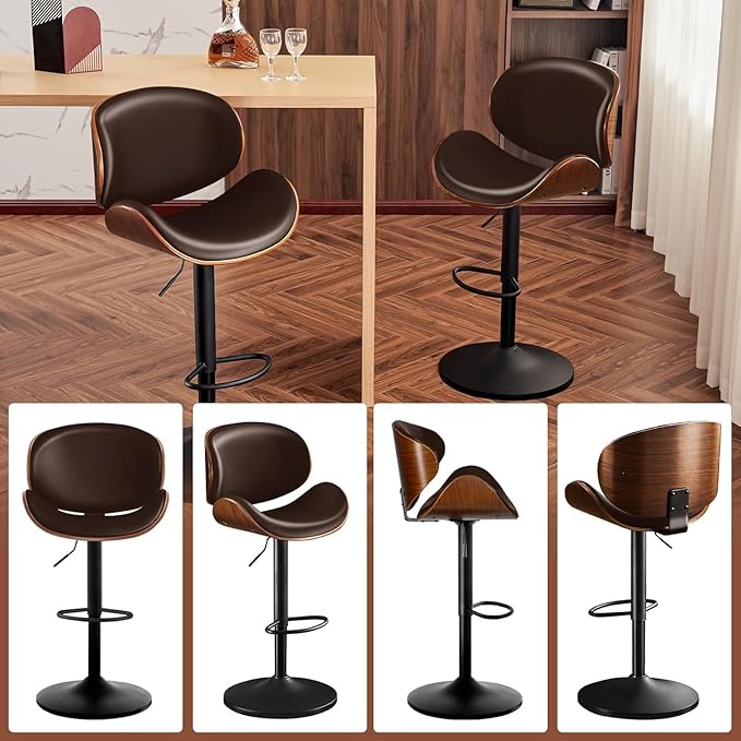 Furniliving Adjustable Bar Stools Set of 2, Swivel Bentwood Barstools Counter Height Bar Stools, Ergonomic Modern Bar Stools with Back Upholstered Barstools for Dining Room, Kitchen, Bar, Brown, PU