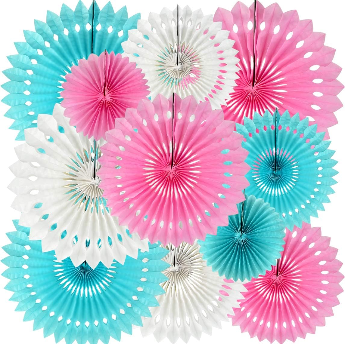 He or She Gender Party Supplies Blue Pink White Hanging Honeycomb Round Paper Fans for Birthday Baby Shower Bachelorette Anniversary Wedding Photo Booth Backdrop Party Decoration(11 Packs)