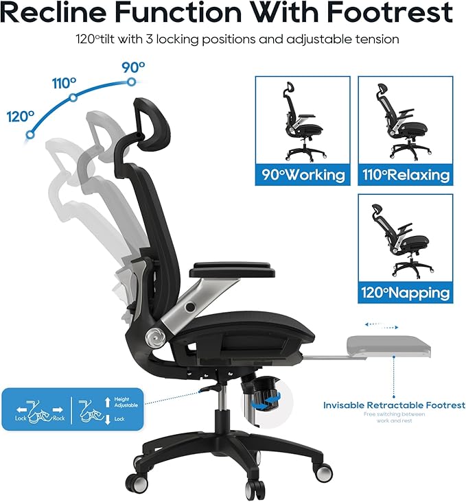 COLAMY Ergonomic Office Chair with Footrest, High Back Mesh Desk Chair with Adjustable Lumbar Support, 3D Armrests, Headrest, Recline Function, Rolling Swivel Task Chair for Home Office (Graphite)