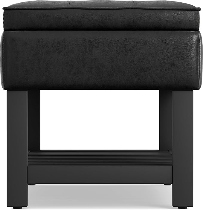 SIMPLIHOME Cosmopolitan Storage Ottoman Bench - 44 inch Wide Upholstered Vegan Leather Rectangle Storage Ottoman in Distressed Black, Transitional Bench for Bedroom with Tufted Lift-Top and Open Shelf