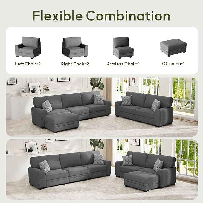 Wanderwell Oversized Modular Sectional Sofa, 6-Seater U Shaped Couches with Movable Ottoman,Corduroy Sectional Couch with Wide and Deep Seats Suitable for Living Room,Bedroom,Apartment (Grey, 2+3+OT)