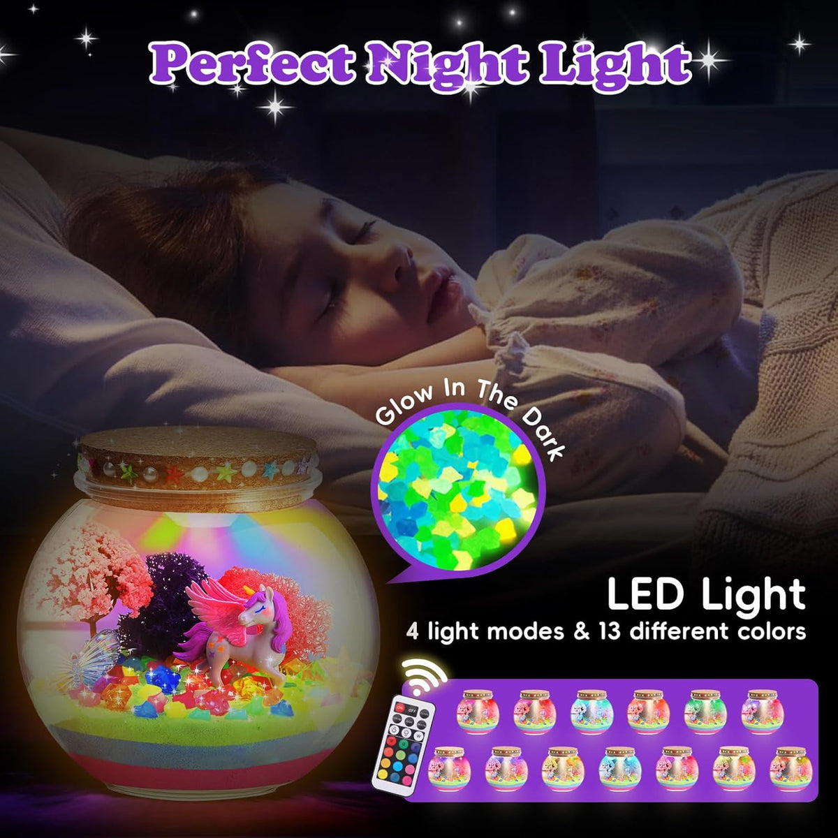 Unicorn Light-Up Terrarium Kit for Kids - Multicolor LED Night Light Birthday Gifts - Unicorn Toys for Girls Ages 4-6 7 8 9 10 Year Old - Kids Arts and Crafts Kit