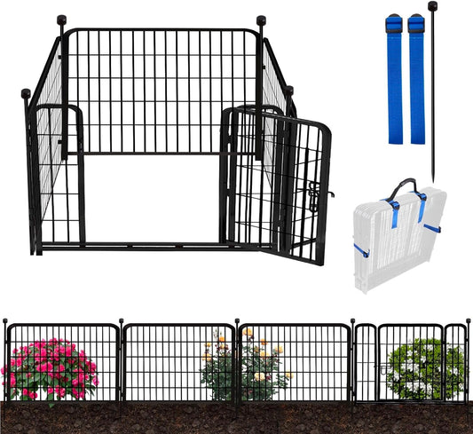 ADAVIN Dog Playpen Outdoor, 24in(H) x 9.8Ft(L) 4 Panels Animal Fence for Yard, Low Threshold Gate,Black Metal Garden Fencing, Temporary Fence for Puppy and Small Dogs, Dog Play Pen for RV Camping