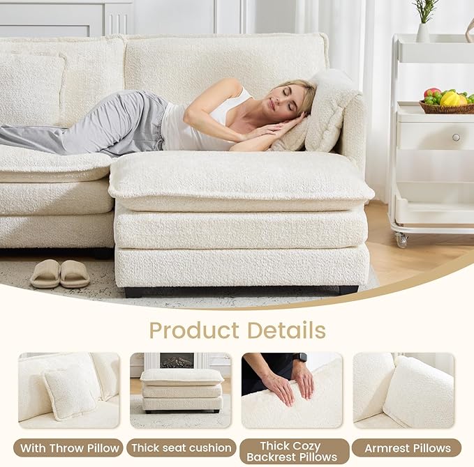 76.2" Modular Sectional Sofa with Movable Ottoman, Deep Seat couches for Living Room, 2 Seater Loveseat Sofa, L Shaped Comfy Cloud Couch with Removable Cover, Armrest Pillow (Beige)