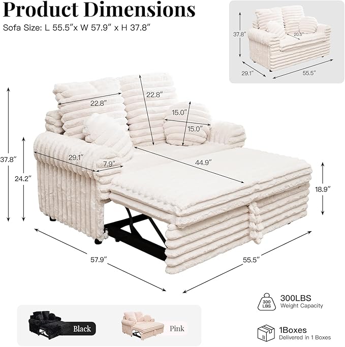 Belffin Upholstered Chaise Lounge Pull Out Sofa Bed with Pillows Couch Bed Sofa Pull Out Couch Sleeper Chair with Rolled Armrests for Living Room Plush Corduroy (White)