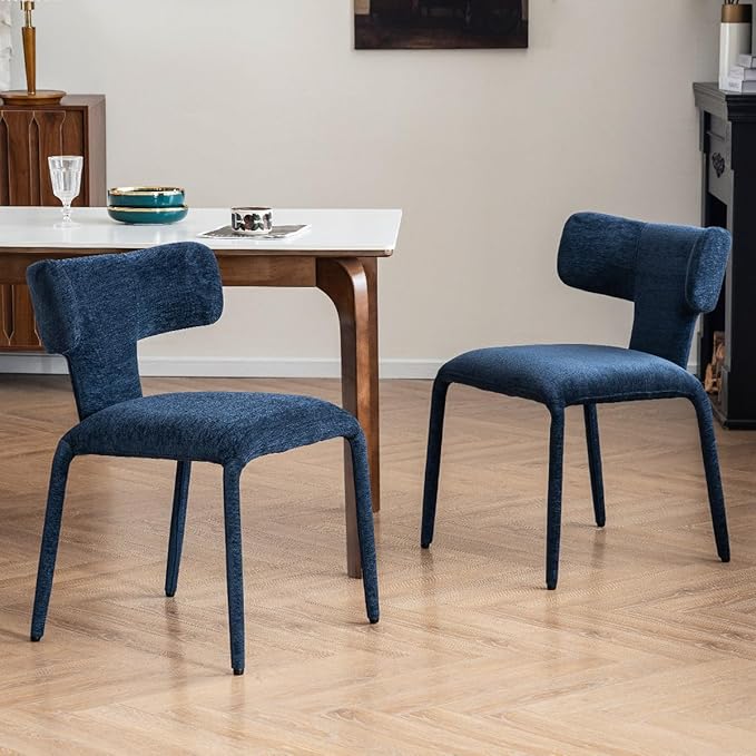 Kidol & Shellder Dining Chairs Set of 2,Modern Upholstered Fabric Dining Room Chairs with Curved Barrel Back,Armless Kitchen Chairs with Metal Legs and Padded Seat for Living Room and Bedroom Blue