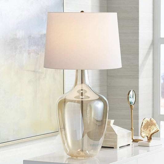 Possini Euro Design Ania Modern Table Lamp with USB Charging Port 31" Tall Clear Champagne Glass Off-White Tapered Drum Shade for Living Room Bedroom House Bedside Nightstand Office Entryway