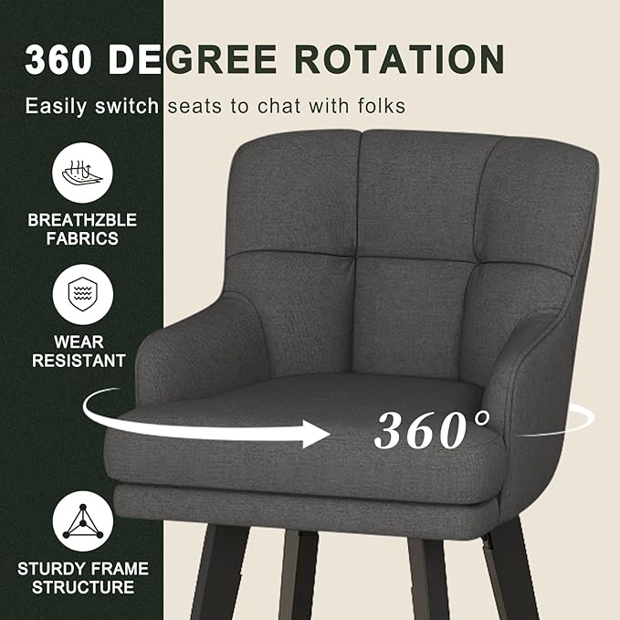 360°Swivel Counter Height Bar Stools with Back, 30 inch Solid Wood Legs, Bar Stool Modern Kitchen Island Chairs, Fabric (Black Grey- Fabric, 30" H- Set of 4)
