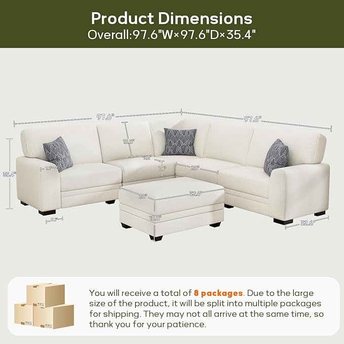 Wanderwell Oversized Modular Sectional Sofa, 6-Seater U Shaped Couches with Movable Ottoman,Corduroy Sectional Couch with Wide and Deep Seats Suitable for Living Room,Bedroom,Apartment (Cream, L-6)