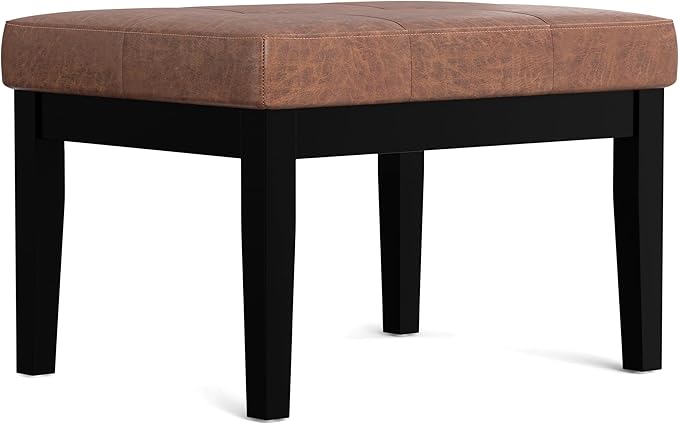 SIMPLIHOME Lacey 26 inch Wide Contemporary Rectangle Small Tufted Ottoman Bench in Distressed Saddle Brown Vegan Faux Leather, Assembled, for The Living Room and Bedroom
