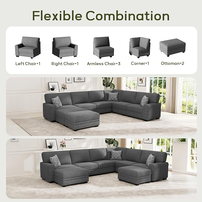 Wanderwell Oversized Modular Sectional Sofa, 8-Seater U Shaped Couches with Movable Ottoman,Corduroy Sectional Couch with Wide and Deep Seats Suitable for Living Room,Bedroom,Apartment (Grey, U-8)