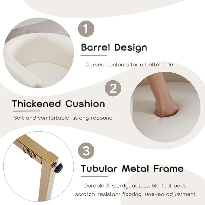 PU Leather Bar Stools Set of 2, Modern Upholstered Counter Height Bar stools 24" Leather Barstools Barrel Kitchen Counter Island Stools with Golden Metal Base, White