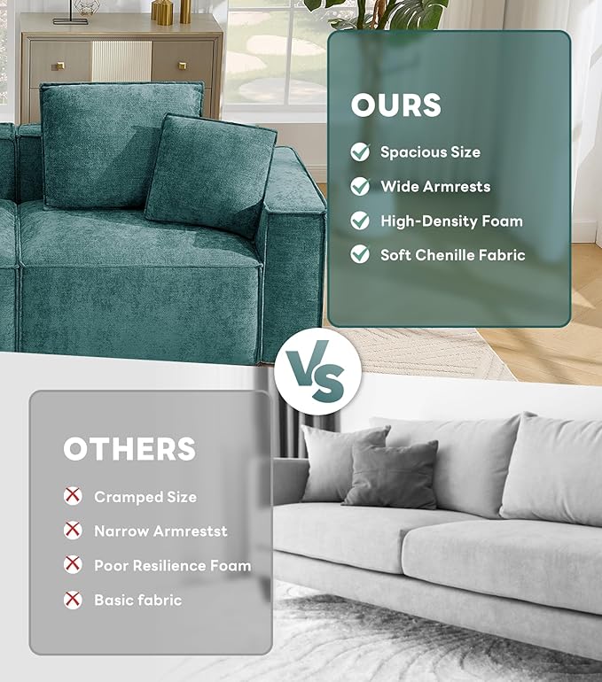 WILLOVE 109'' Modular Sectional Sofa, Chenille Cloud Couch with Wide Armrests & 5 Pillows, Deep Seat Couches for Living Room, Green