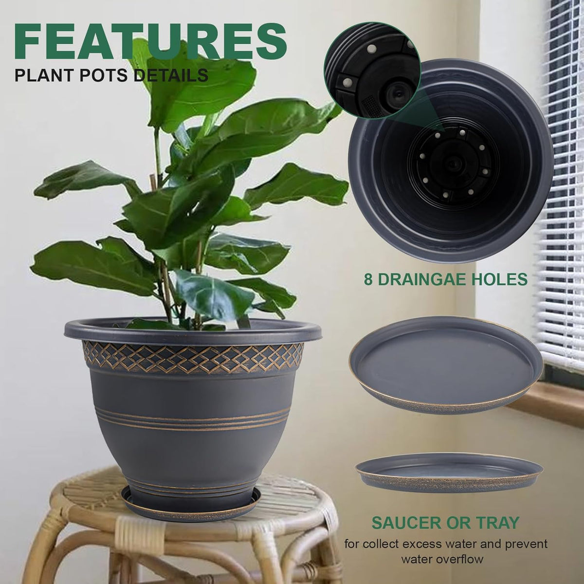 4 Pack 12 Inch Large Plant Pots, Plastic Flower Pot for Indoor & Outdoor with Drainage Holes & Saucer, Plaid Pattern Planters Garden Pots for Herbs