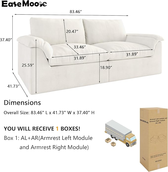 EASE MOOSE Oversized Boneless Couch for Living Room, Sectional Cloud Sofa, Modular Cloud Couch Loveseat, 2-Seater Deep Seat Sofas with Pillow for Bedroom Apartment, No Assembly, Chenille (White)
