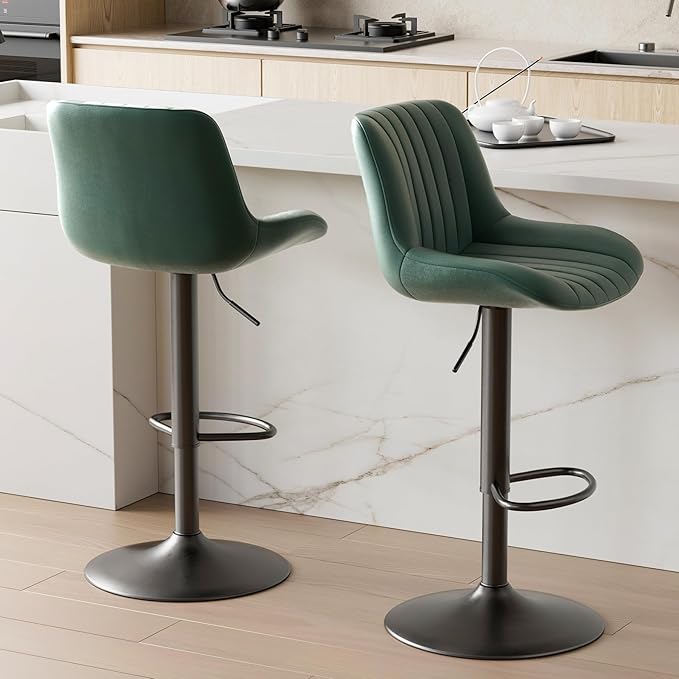 Nalupatio Bar Stools Set of 2, Adjustable Modern Swivel Bar Stools with Backs, Counter Height Performance Fabric Island Chairs for Home Kitchen, Dark Green