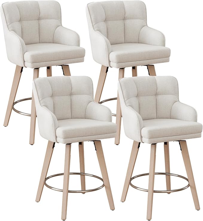 360°Swivel Counter Height Bar Stools with Back, 26 inch Solid Wood Legs, Bar Stool Modern Kitchen Island Chairs, Fabric (Beige- Fabric, 26" H- Set of 4)