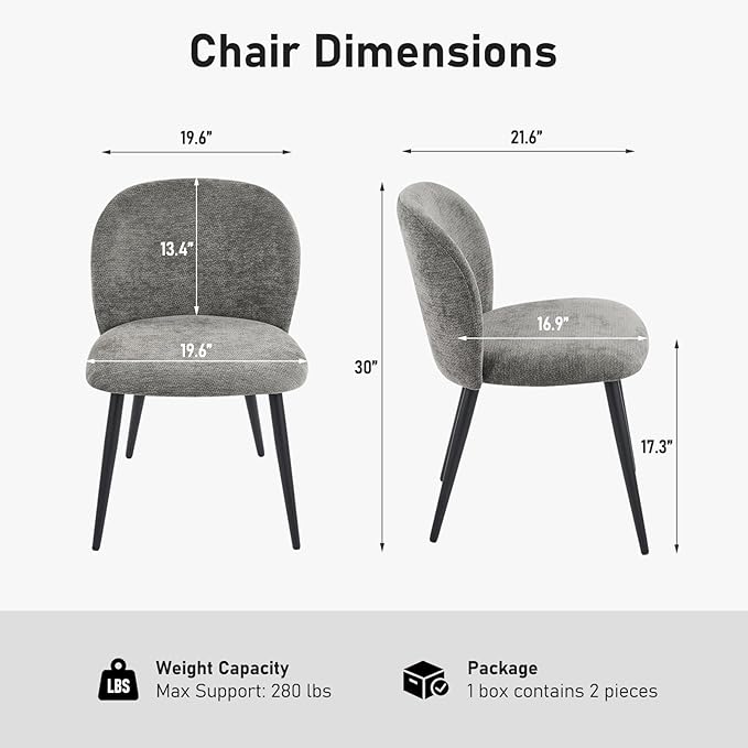 Upholstered Dining Chairs Set of 2, Modern Kitchen Side Chair with Padded Seat Comfortable Chenille Fabric Study Black Matel Legs,Desk Chair with Back for Dining Rooms, Gray
