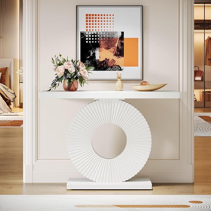 Tribesigns Modern Entryway Console Table, 39 inch Wooden Narrow Sofa Table Behind Couch with Geometric Base, Contemporary Accent Table for Living Room, Entrance, Hallway, White