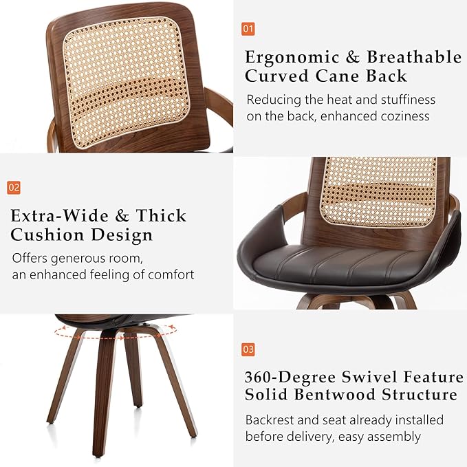Set of 4 Mid Century Modern Chairs - Swivel Retro Walnut Dining Chairs with Ergonomic Cane Back, Curved Arms, Faux Leather Dining Chairs for Restaurant/Kitchen/Living Room (Walnut Brown)