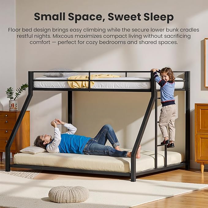 Metal Twin XL Over Queen Bunk Bed for Teens and Adults, Space-Saving/Noise Reduced/No Box Spring Needed, Black