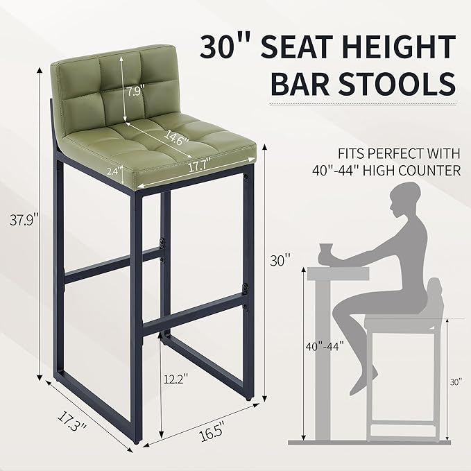 Set of 2 Bar Stools, Modern Counter Stool, Upholstered Faux Leather Barstools with Back, Comfortable 30-inch Seat Height Island Chairs for Kitchen Island (Avocado Green, 2Pcs 30" Bar Stools)
