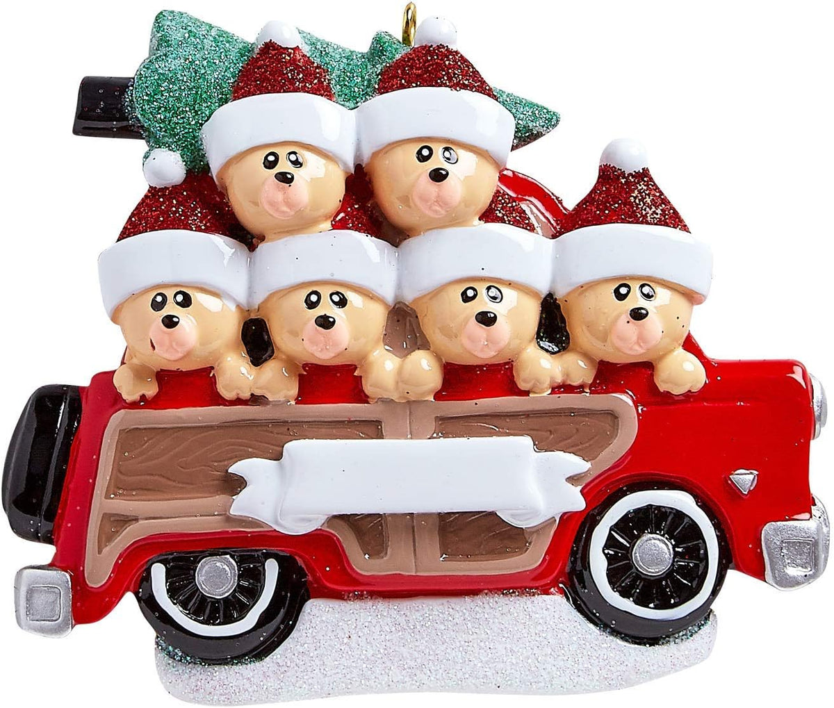 3D Road Trip Bears Family of 6 Ornament 2025 Personalized Family Christmas Ornaments 2025 | Snowy Tree Red Truck Personalized Tree Ornaments for Grandchildren, Siblings & Grandkids of Six Ornament
