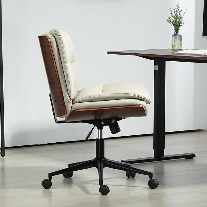 Office Chair, Criss Cross Legged Office Desk Chairs with Wheels, PU Leather Adjustable Swivel Walnut Task Chair with Wide Seat, Ergonomic Mid Back Computer Chair for Meeting Room, Home