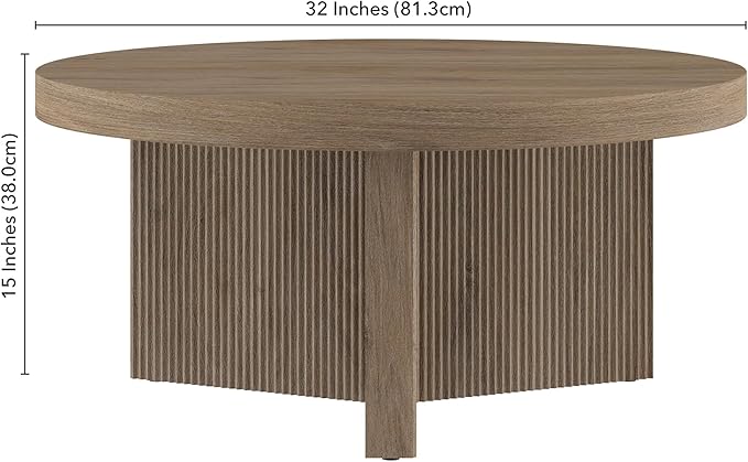 Henn&Hart 32" Fluted Round Low-Profile Coffee Table with Ribbed Pedestal Base for Living Room, Family Room, Office, or Apartment, Antiqued Gray Oak