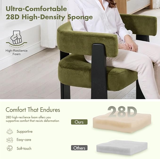 Modern Dining Chairs Set of 4, Upholstered Velvet Barrel Accent Chairs with Backrest & Arms, Wide and Thicker Padded Kitchen Side Chair with Wooden Legs for Dining Room, Livingroom, Dark Green